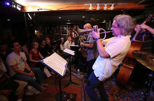 Alex Sipiagin on trumpet with his band at the jazz club Smalls in Greenwich Village