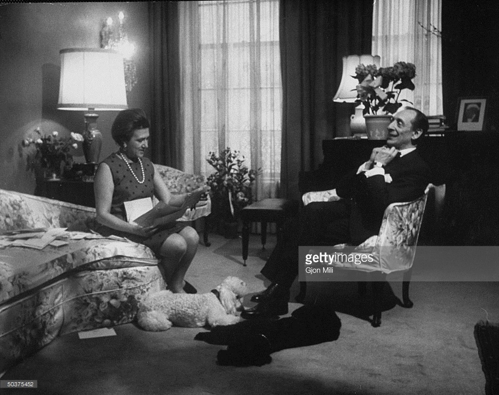 Pianist Vladimir Horowitz in his New York apartment w wife Wanda pet poodles