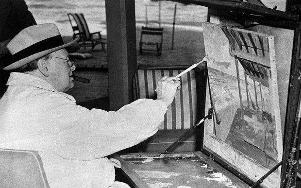 Winston Churchill (1874 - 1965) painting a beach scene from the Surf Club